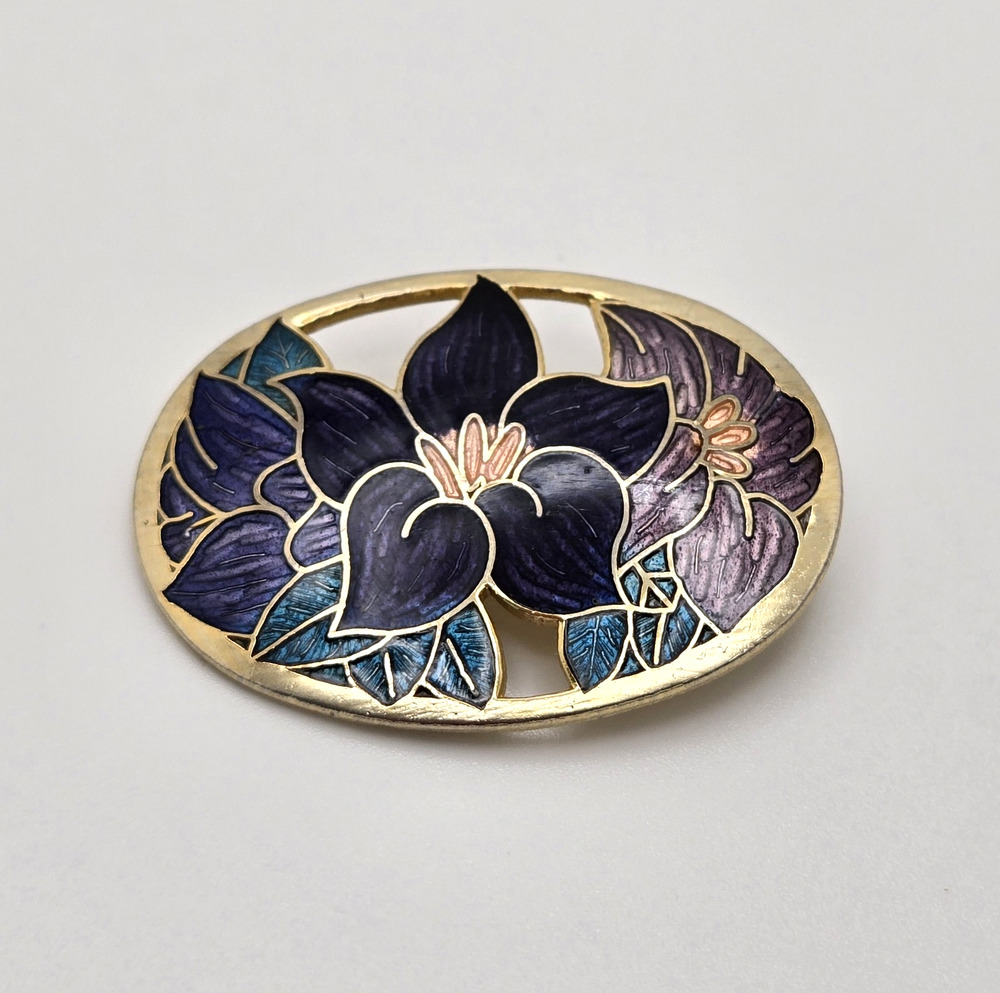 Vintage Cloisonne Enamel Brooch Purple Floral Goldtone Pin Classic Retro Estate